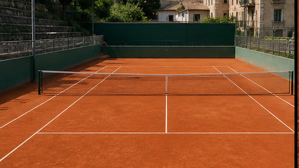 Празен червен тенис корт за турнир от World Tennis Tour, AI илюстрация
